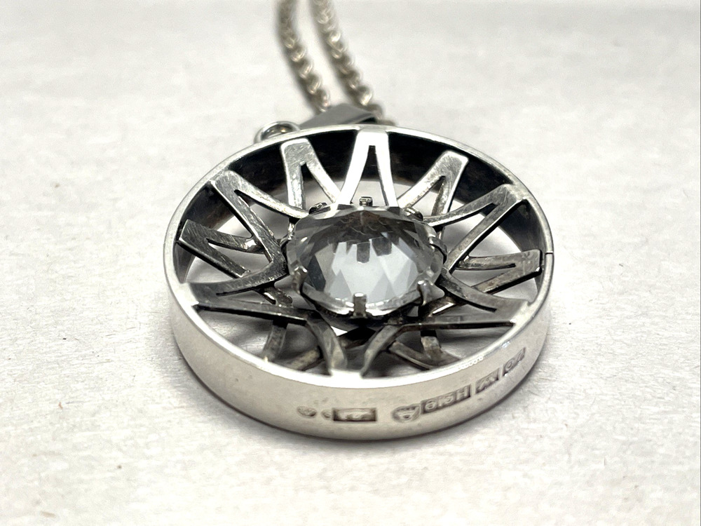 Vintage Salovaara Finland 813 Silver Rock Crystal Pendant Necklace Modernist 17"